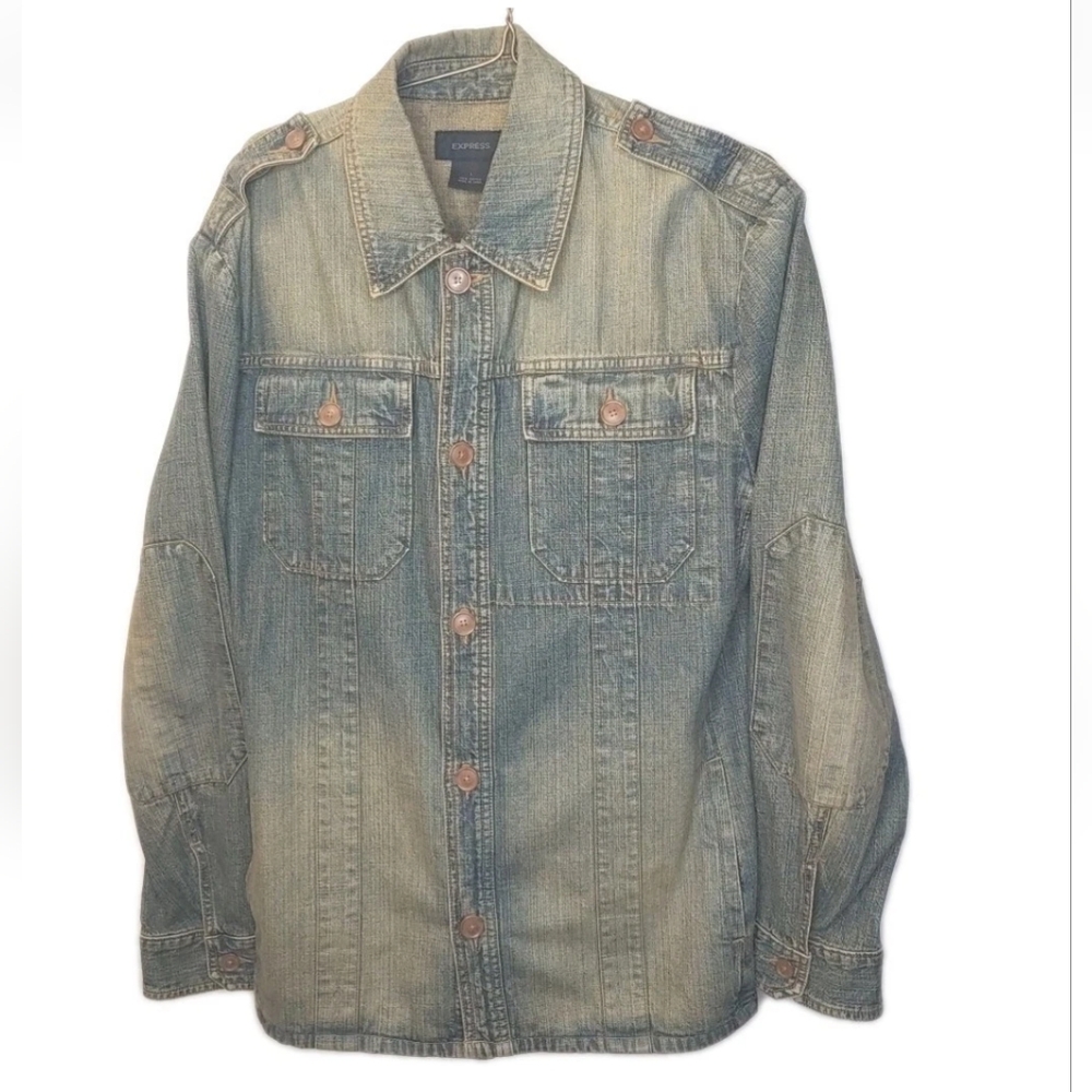 Express Military Jean Jacket Woman Large Blue Denim Button Elbow Patches Utility - Picture 12 of 12
